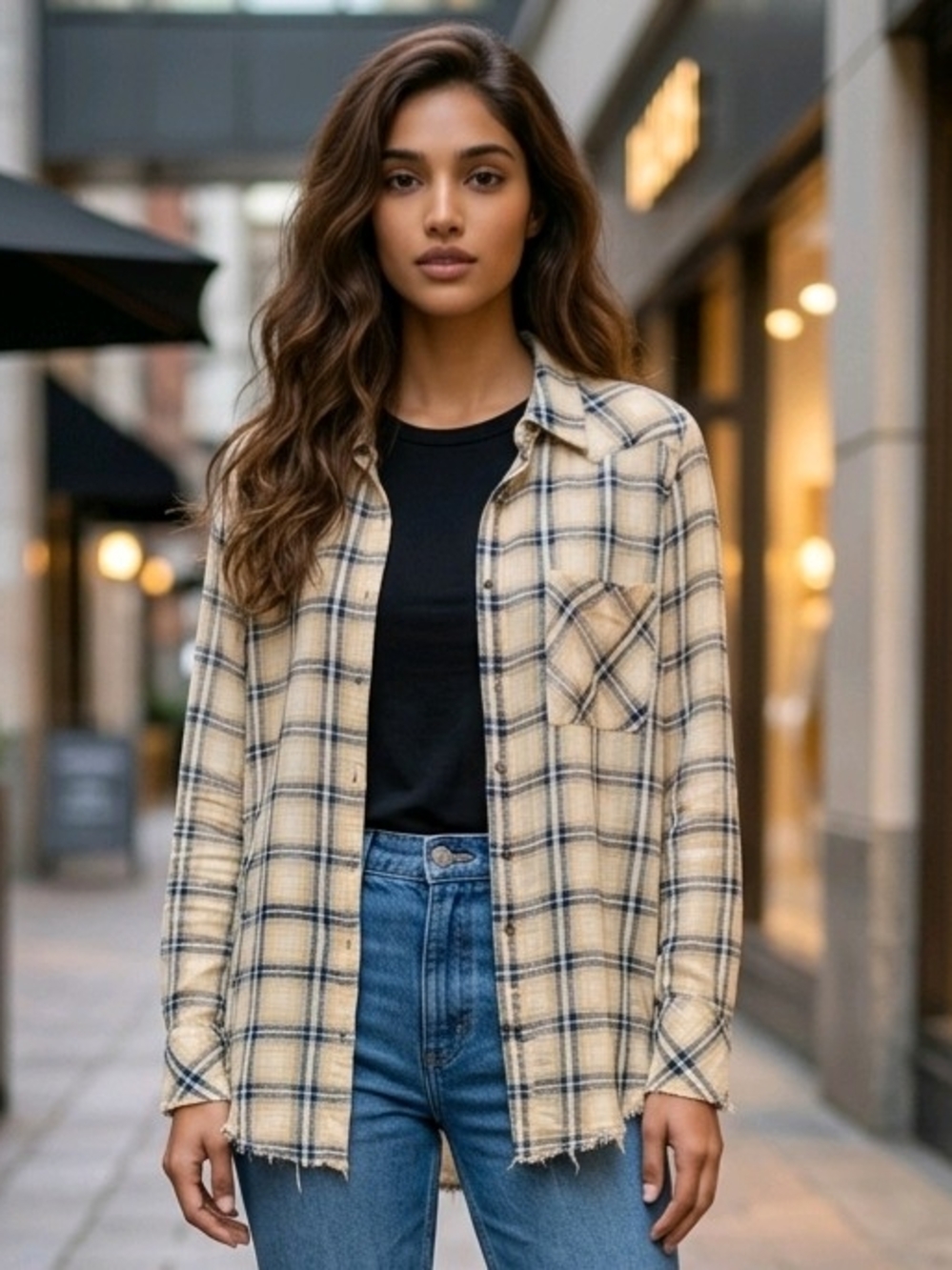 Free People "Grunge Plaid" Shirt L Yellow/Navy Plaid Distressed Hem EUC